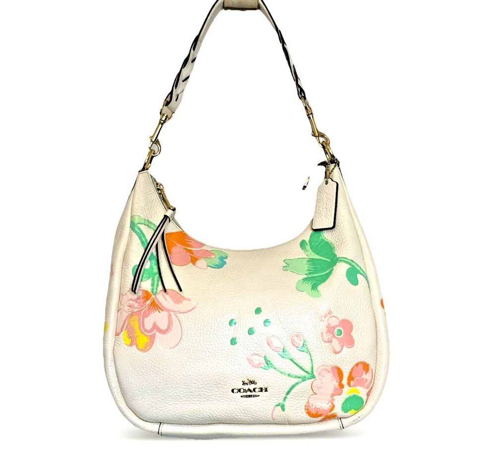 💐COACH JULES HOBO Dreamy Land Floral Print Leather Bag Chalk C8619💐